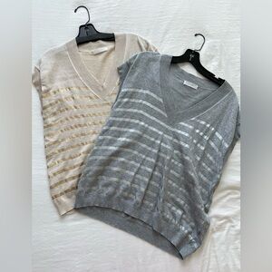 Majestic FilaturesMetallic Stripe V-Neck Organic Cotton Top in Ecru & Grey PACK